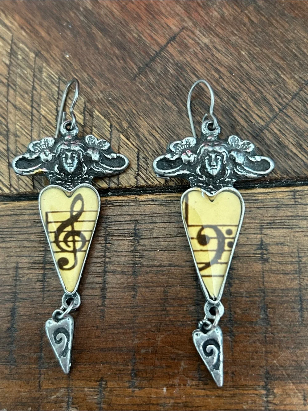 Yellow Heart Musical Note Dangle Earrings with Silver Accents